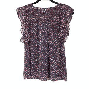Loft Top Women's Sz XS Ladybug Print Chiffon Blouse Short Ruffle Sleeve Blue Red